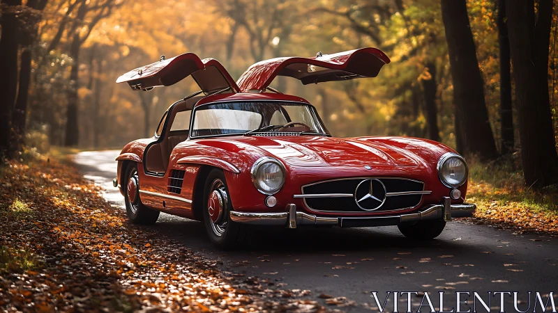 Red classic gullwing sports car parked on a forest road
