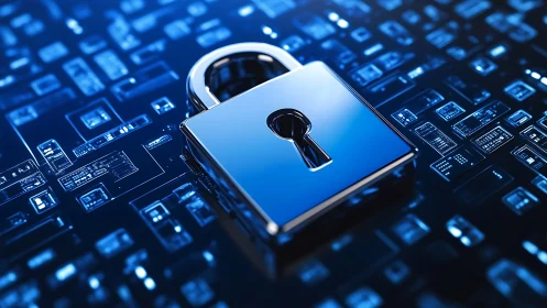 Chromed padlock symbolizing encrypted data on digital circuit plane