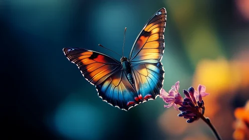 Photorealistic macro of iridescent butterfly in bokeh field.