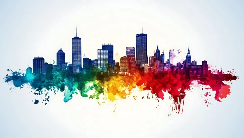 Colorful abstract city skyline with bold paint splashes.