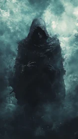 Hooded spectral figure emerging within dense teal mist.