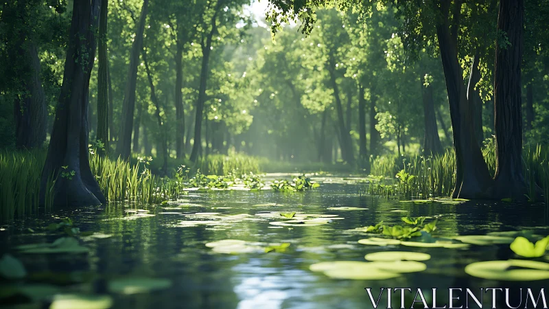 Serene Forest Waterway Where Light Dances Through the Trees