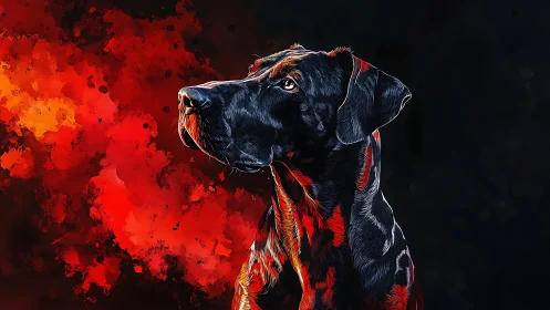 Digital portrait of black dog with red abstract backdrop.