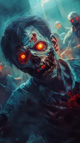 Neon-eyed zombie stalks through toxic city fog of dread.