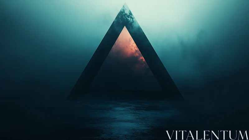 Geometric portal silhouette over misty cyan ocean horizon.