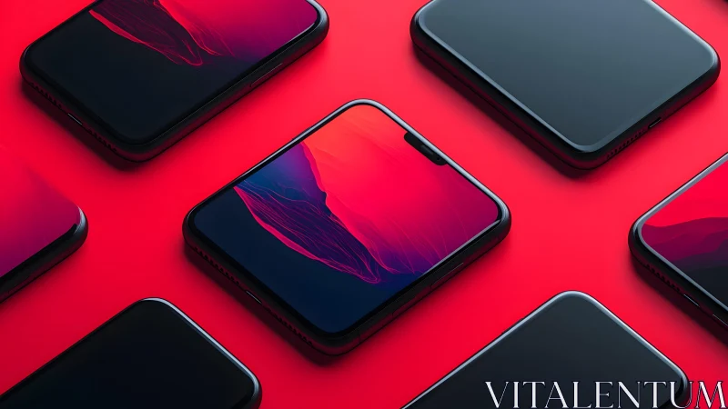 Modern smartphones with vivid screens on red background, minimalist style.