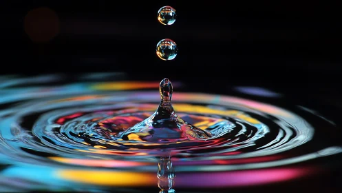 Water droplet crown captures neon reflections in dark pool