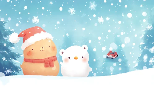 Cute winter friends in snowy forest scene illustration.