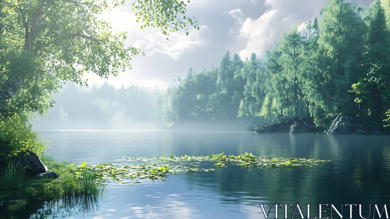 Calm forest lake with lilies under soft morning light.