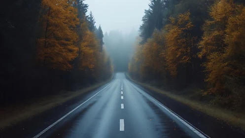 Disappearing Straight Road Through Golden Autumn Forest in Mist.