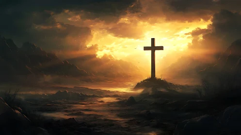 Backlit wooden cross silhouettes against volumetric storm clouds at dusk