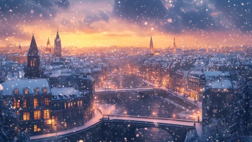 Golden twilight snowfall over romantic European riverside city.