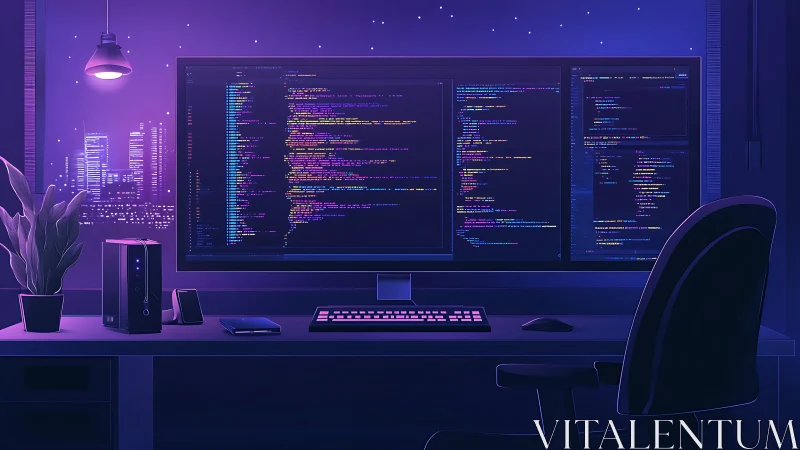 Ultra-wide coding workstation with neon-lit night city backdrop