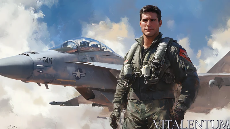 Fighter pilot in G-suit standing before twin-seat naval jet aircraft