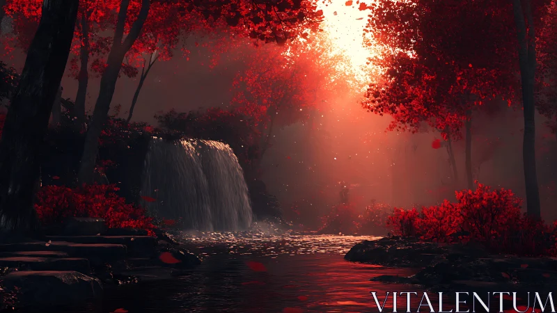 Crimson Forest Waterfall: Ethereal Luminescence Through Red Canopy.