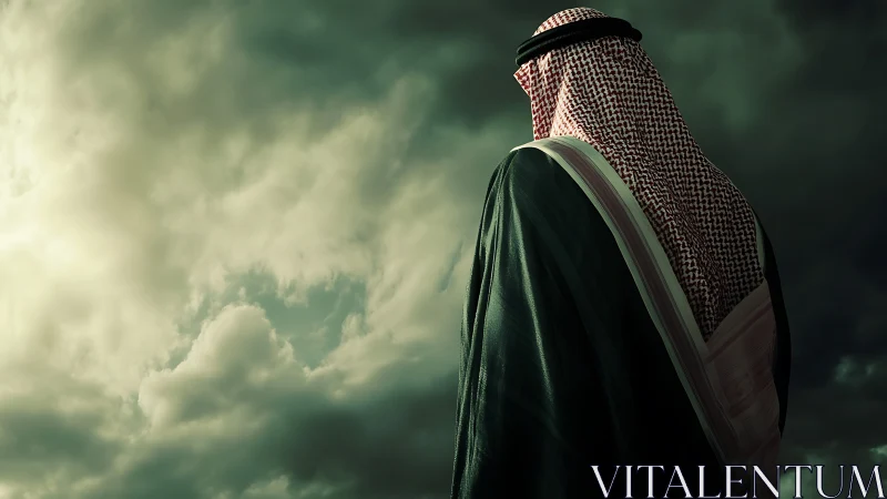 Solitary figure in keffiyeh under dramatic storm-lit sky