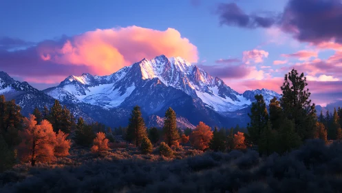 Sunlit alpine peak above autumn forest at vivid sunset.