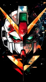 Mecha helmet portrait with neon shards on black field.