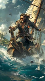 Storm-driven pirate captain leading a wooden longship raid.
