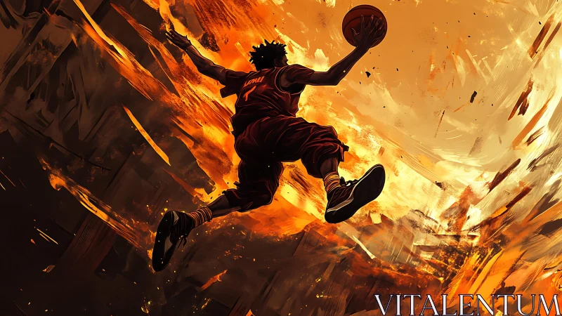 Sky-scorching dunk through a storm of molten sunrise fire.