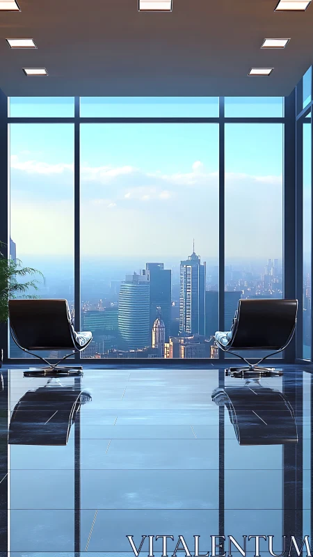 High-rise office interior with panoramic city skyline view.