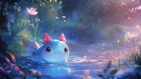 Whimsical axolotl in luminous fantasy forest pond scene.
