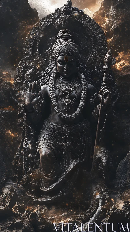 Sacred stone deity emerging in glowing cosmic shadows.