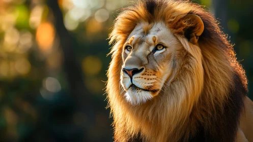 Majestic male lion portrait in warm forest light.