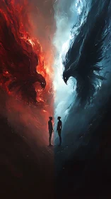 Fire and ice spirits confronting within divided abyss.