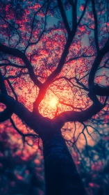 Sunlit tree canopy is viewed from a low, centered angle