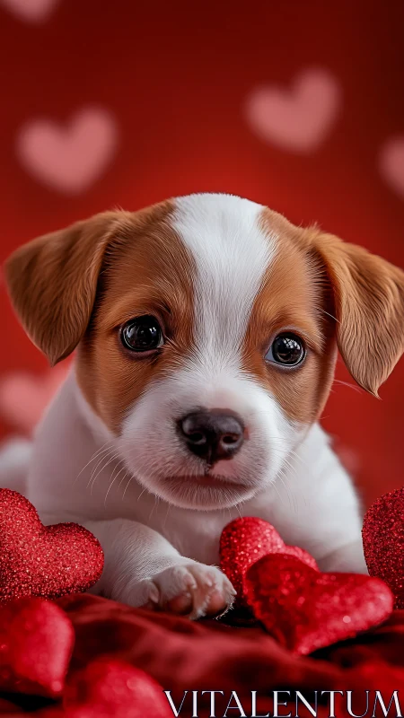 Adorable Puppy with Red Hearts. Valentine's Dog Portrait.