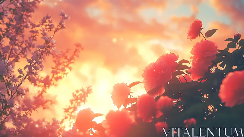 Sunlit rose garden glowing under soft pastel sunset sky.