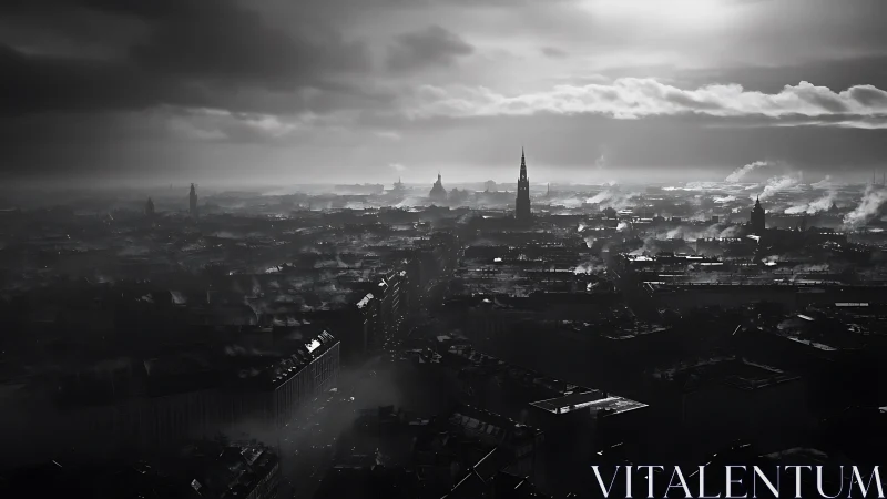 Smoky industrial city skyline under brooding storm light.