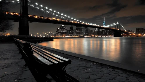 Urban riverfront bench and illuminated suspension bridge at night.