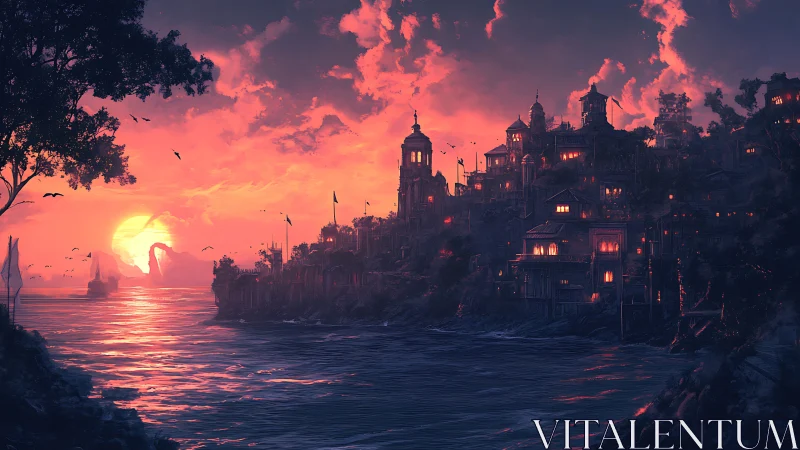 Sunset over glowing cliffside fantasy harbor city.