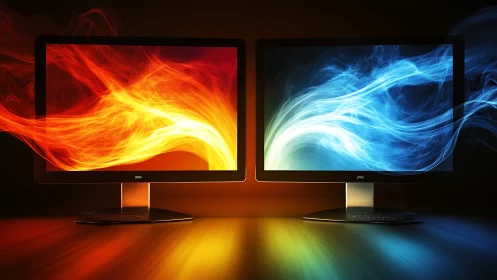 Dual monitor energy streams in balanced color contrast design.