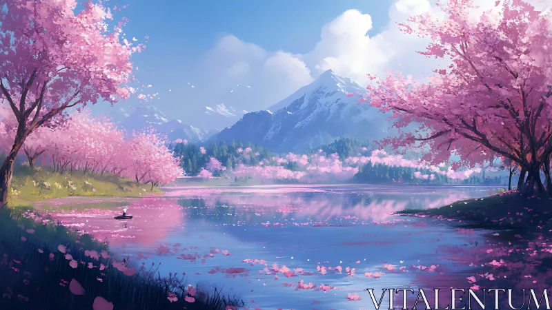 Cherry blossom lake reflects distant snow covered mountain
