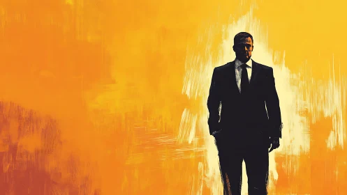 Silhouetted man in suit against textured orange background.