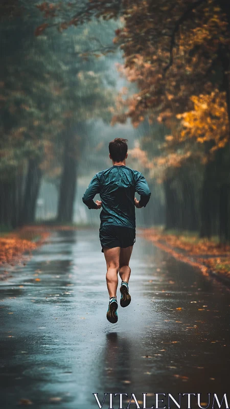 Rear view of lone runner on wet autumn park path.