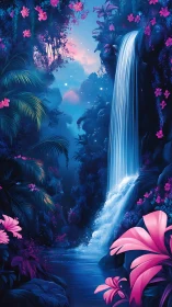 Neon blue jungle waterfall framed by lush pink flowers.