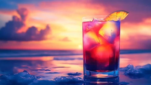 Vibrant cocktail with tropical fruit garnish against colorful sunset seascape