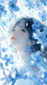 Luminous anime portrait immersed in ethereal blue florals.