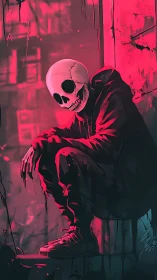 Hooded skeleton figure in neon pink urban alleyway.