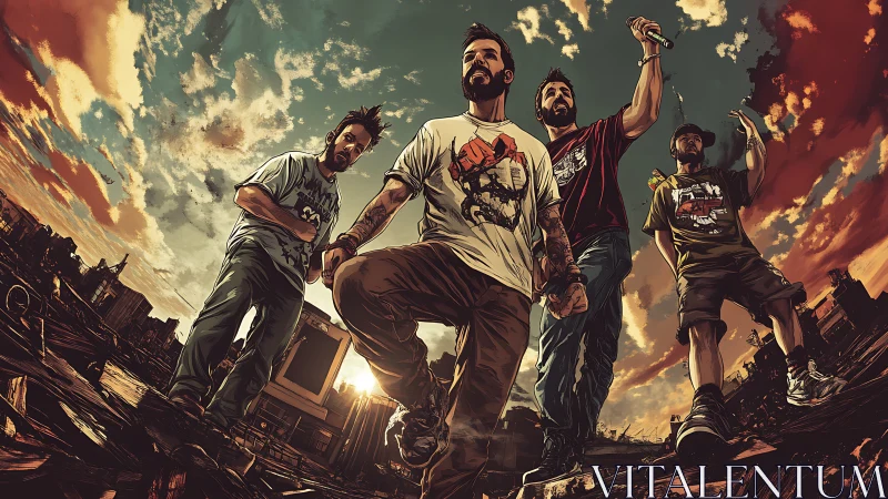 Urban hip hop crew posed on ruined rooftop at sunset.