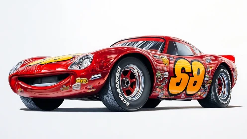 Smiling red race car rockets forward with cartoon swagger.
