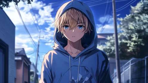Hooded blond anime boy walks alone on a quiet suburban street