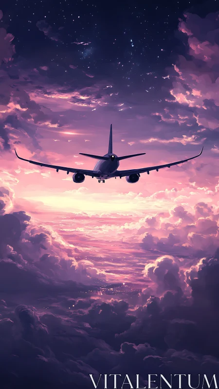 Widebody airliner silhouette ascending through violet dusk cloudscape