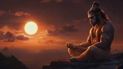 Digital painting of meditative deity under dramatic sunset light.