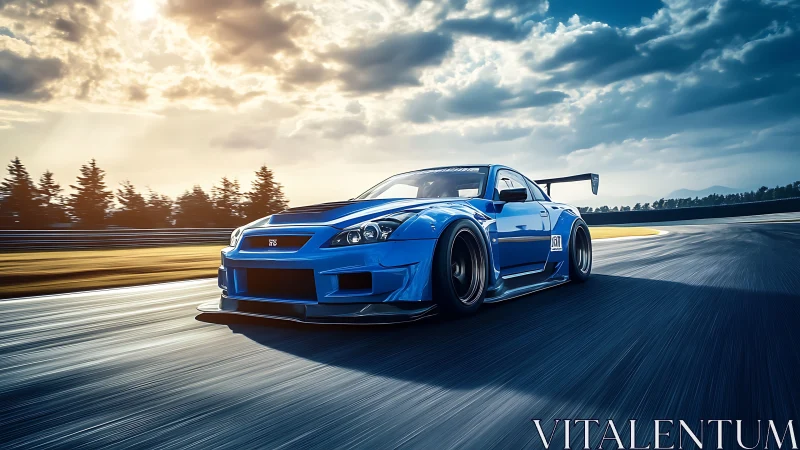 Blue track car chasing golden sunset on open racetrack.