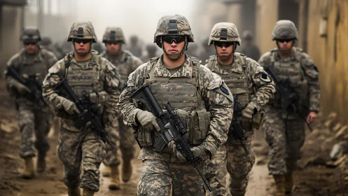 Combat soldiers advance through dusty urban warzone corridor.